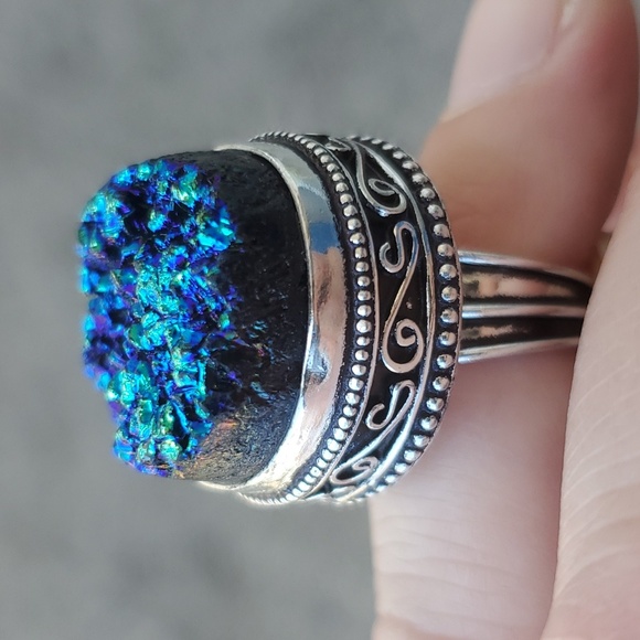 New Blue Titanium Druzy 925 Silver Ring. - Picture 13 of 15